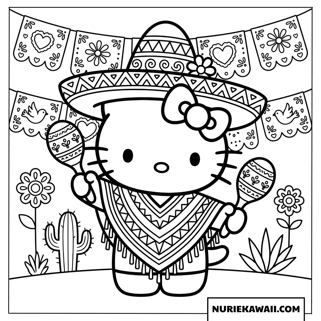 ソンブレロをかぶりマラカスを持つメキシコスタイルのハローキティの塗り絵