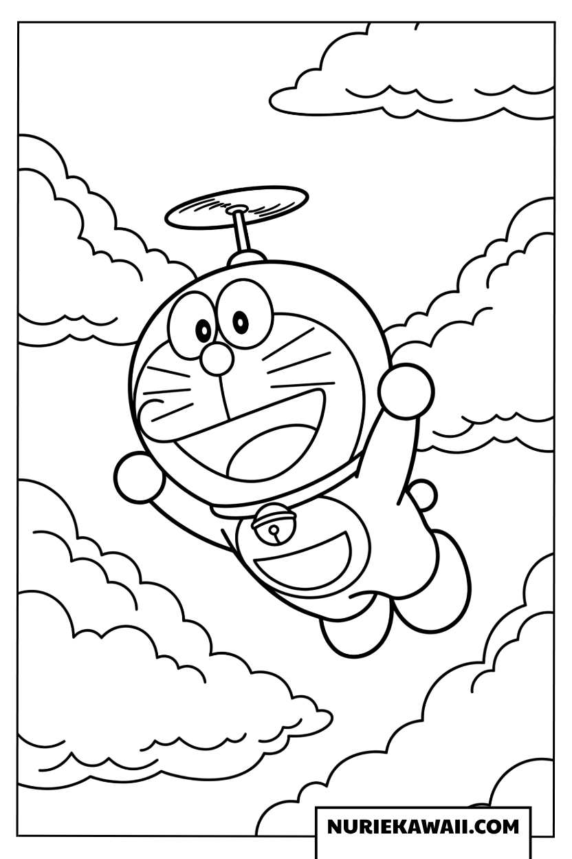 タケコプターで空を飛ぶドラえもんの塗り絵