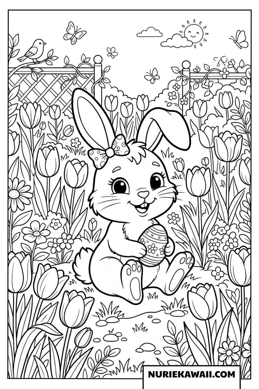 チューリップ畑で卵を持つたれ耳うさぎの可愛い塗り絵