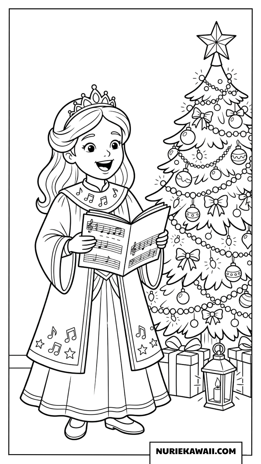 ティアラをつけた小さなプリンセスがツリーの横でクリスマスの賛美歌を歌う塗り絵