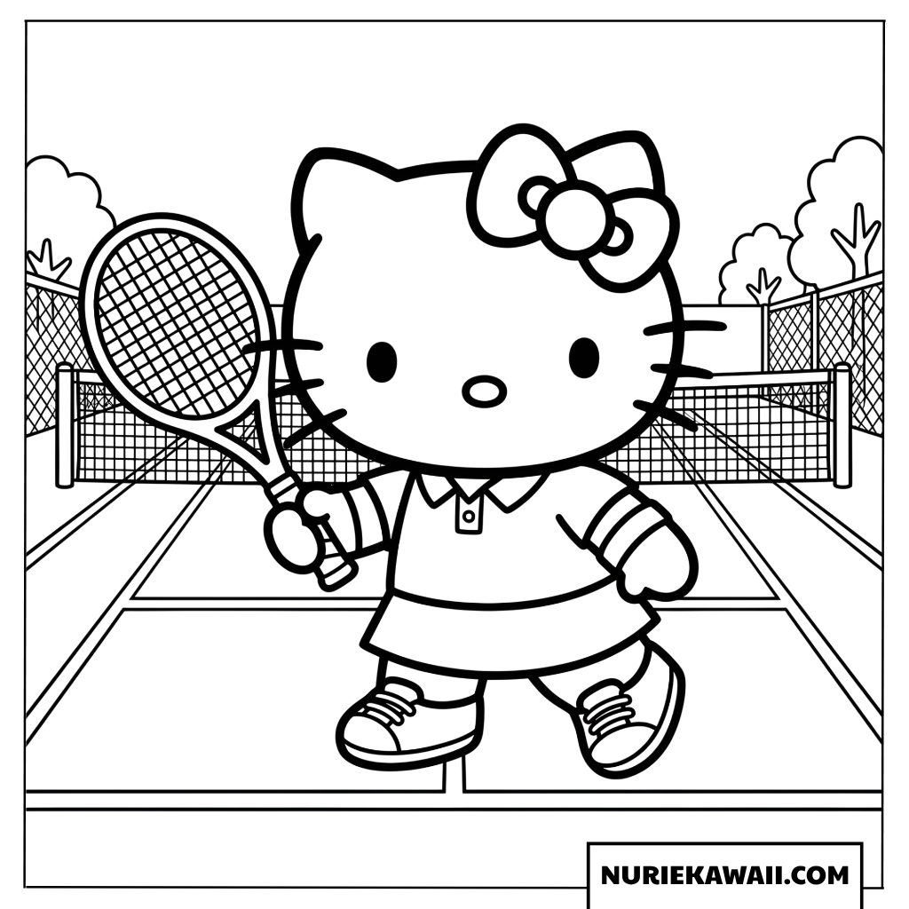 テニスコートでスポーツウェアを着たハローキティの塗り絵