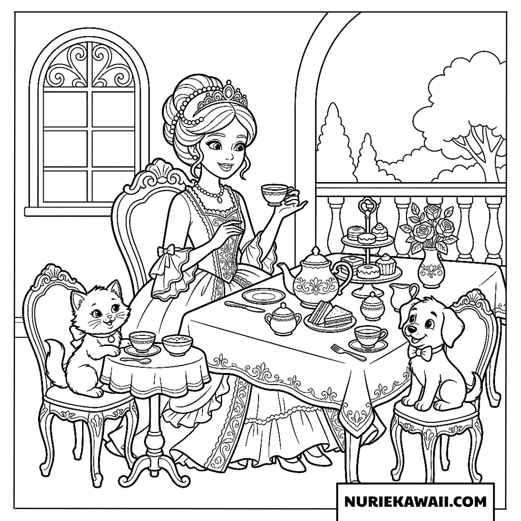テラスでペットたちと優雅なお茶会を開くプリンセスの塗り絵
