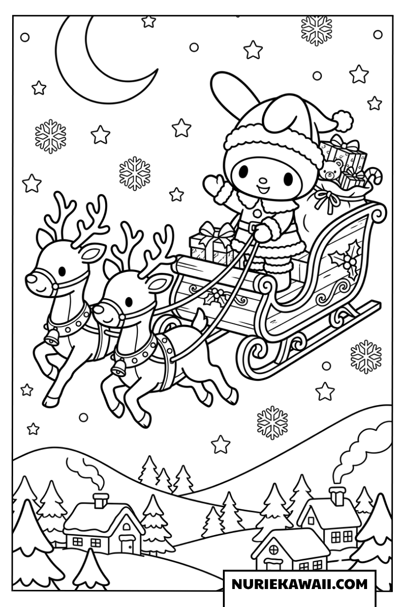 トナカイのそりに乗ってプレゼントを届けるマイメロディの塗り絵