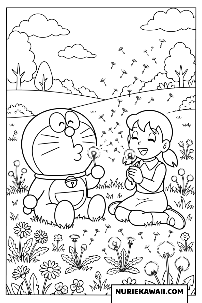 ドラえもんとしずかちゃんのタンポポ綿毛ぬりえ
