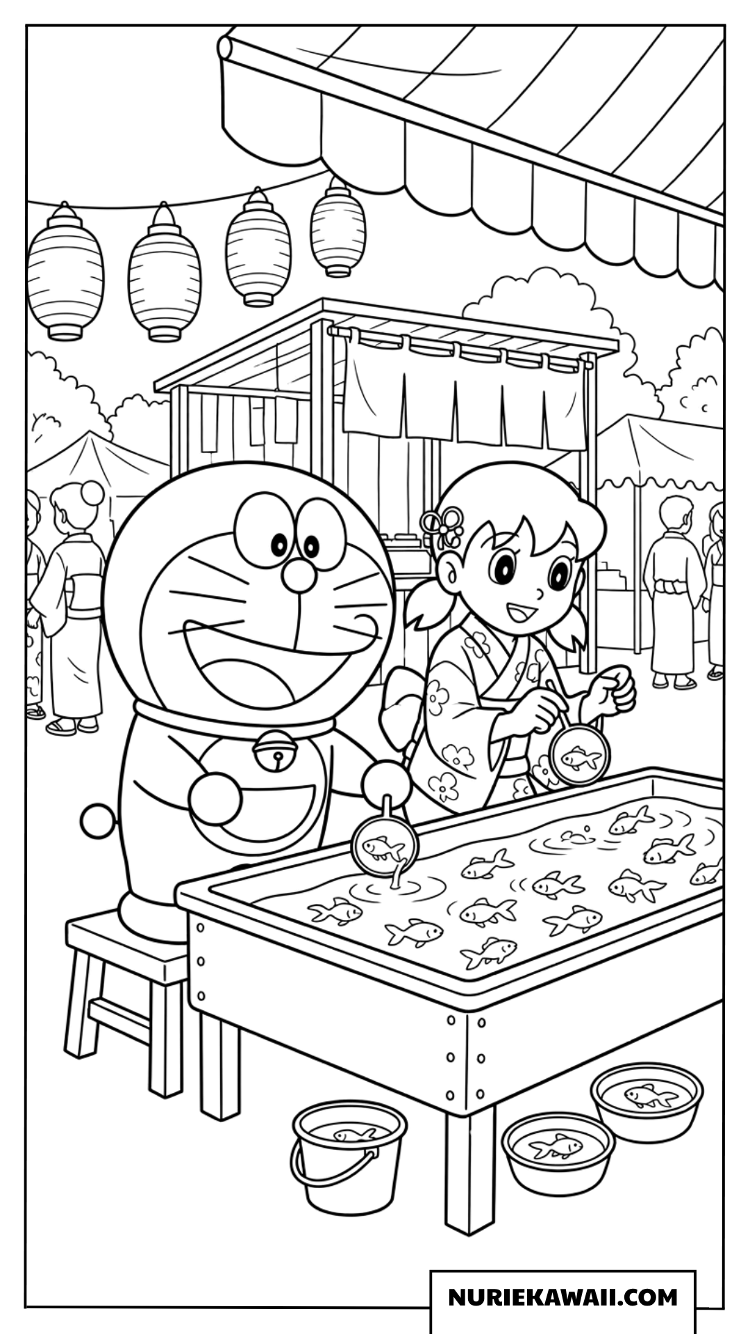 ドラえもんとしずかちゃんの夏祭り金魚すくい塗り絵