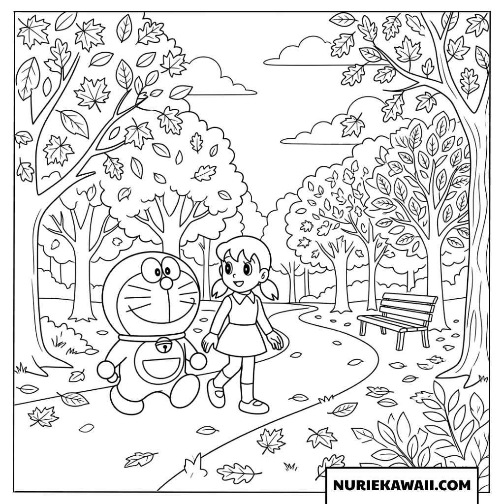 ドラえもんとしずかちゃんの紅葉散歩道塗り絵