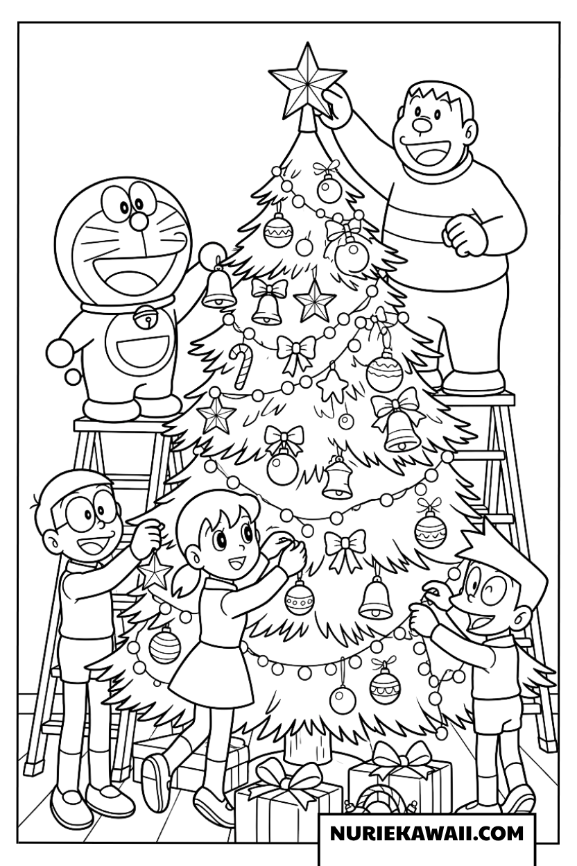 ドラえもんとなかまたちのクリスマスツリー塗り絵