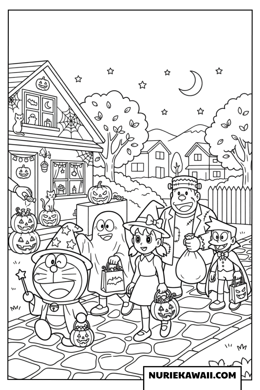 ドラえもんとなかまたちのハロウィン仮装塗り絵