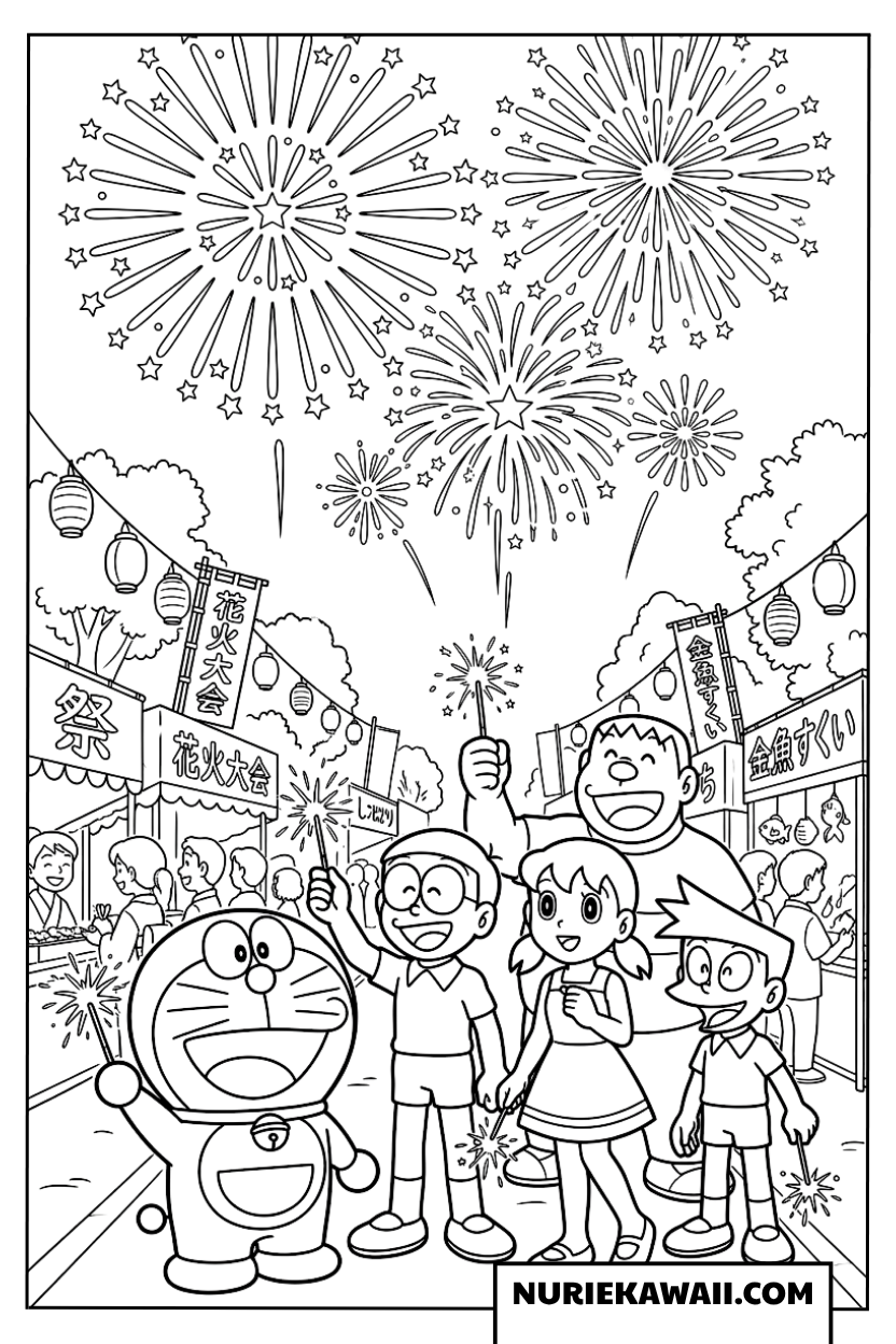 ドラえもんとなかまたちの打ち上げ花火塗り絵