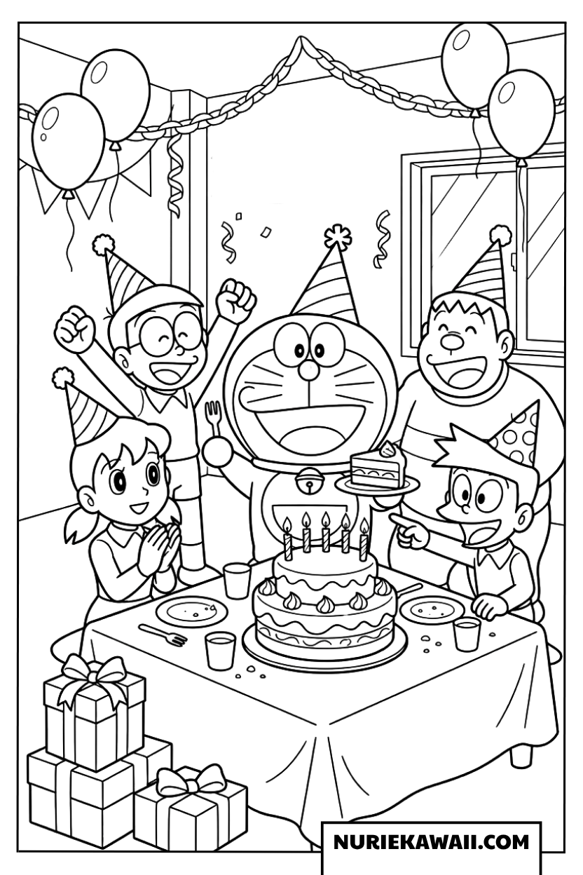 ドラえもんとなかまたちの誕生日パーティー塗り絵