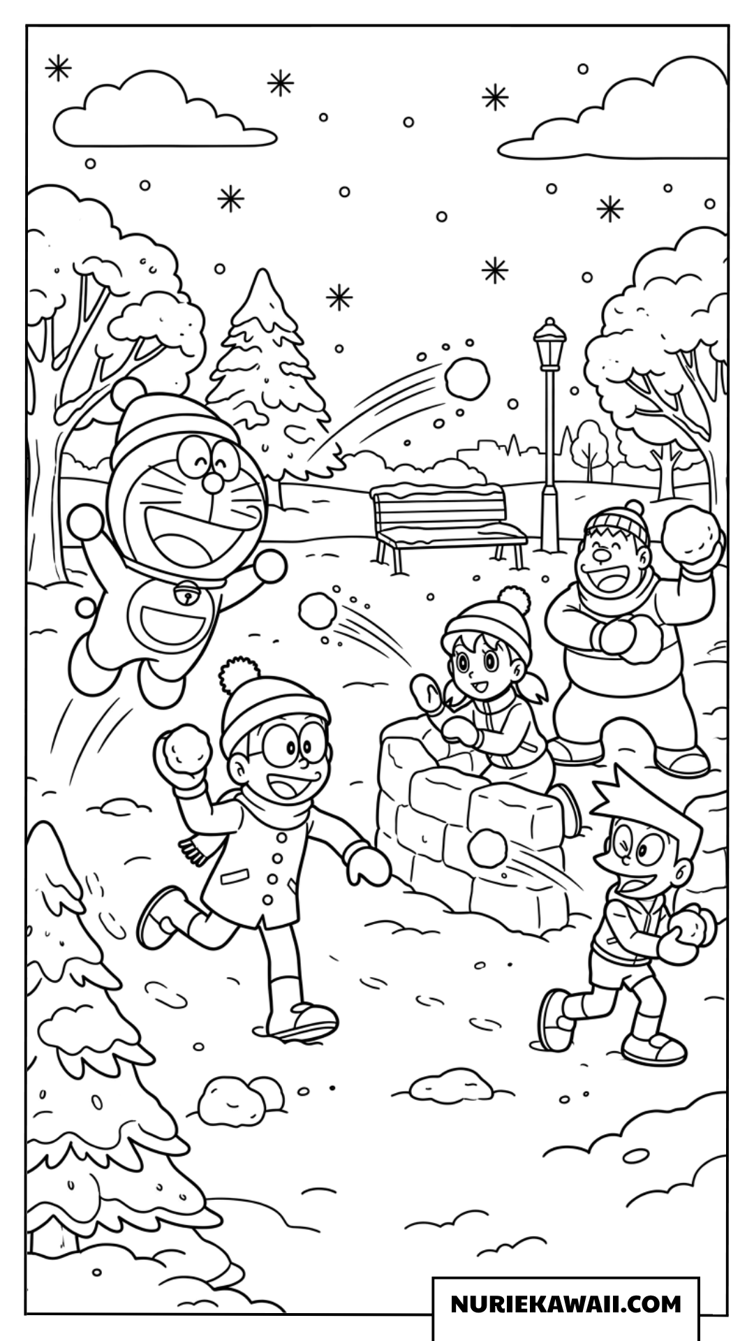 ドラえもんとのび太たちの雪合戦塗り絵