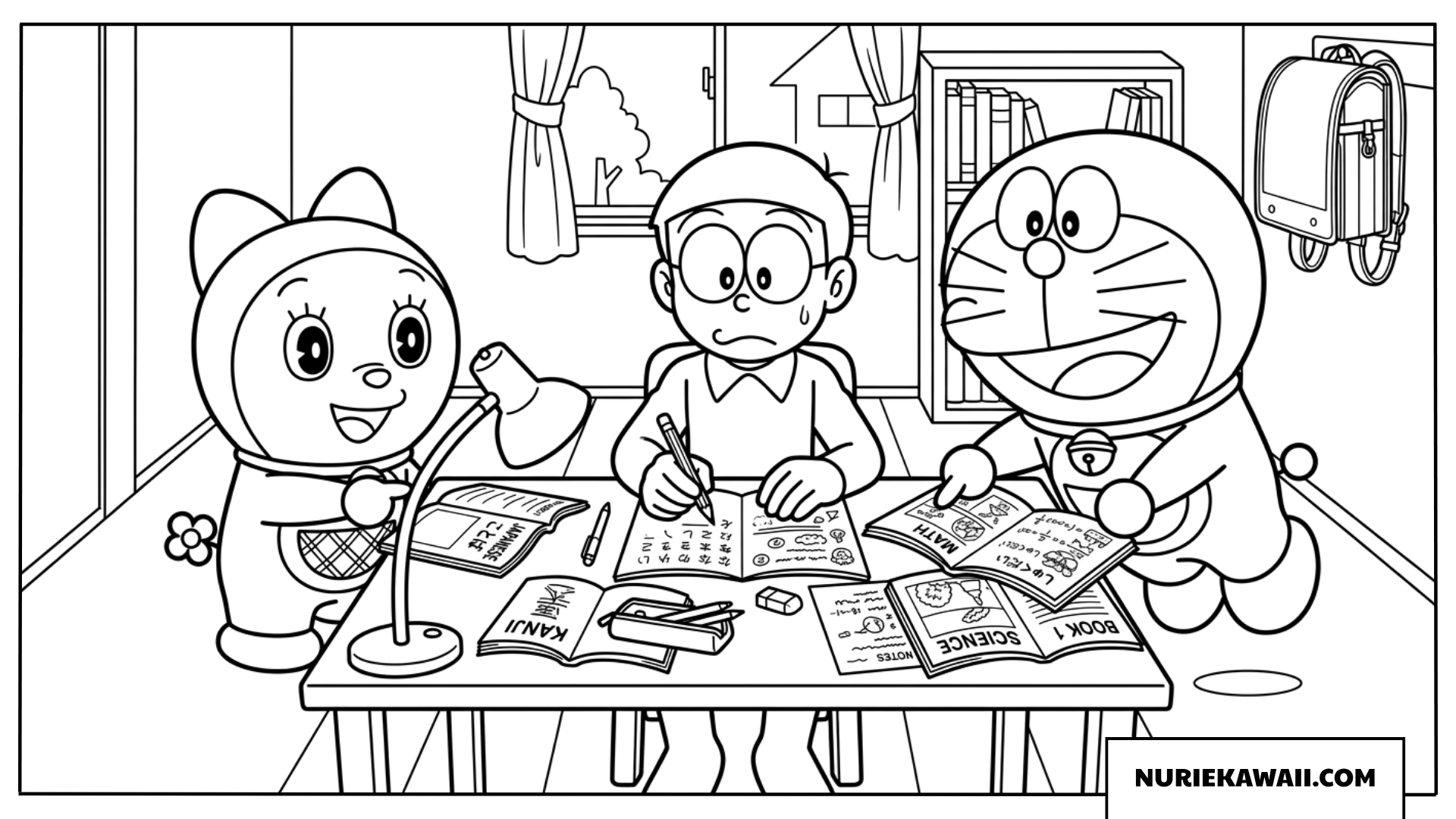 ドラえもんとのび太とドラミちゃんの勉強タイム塗り絵