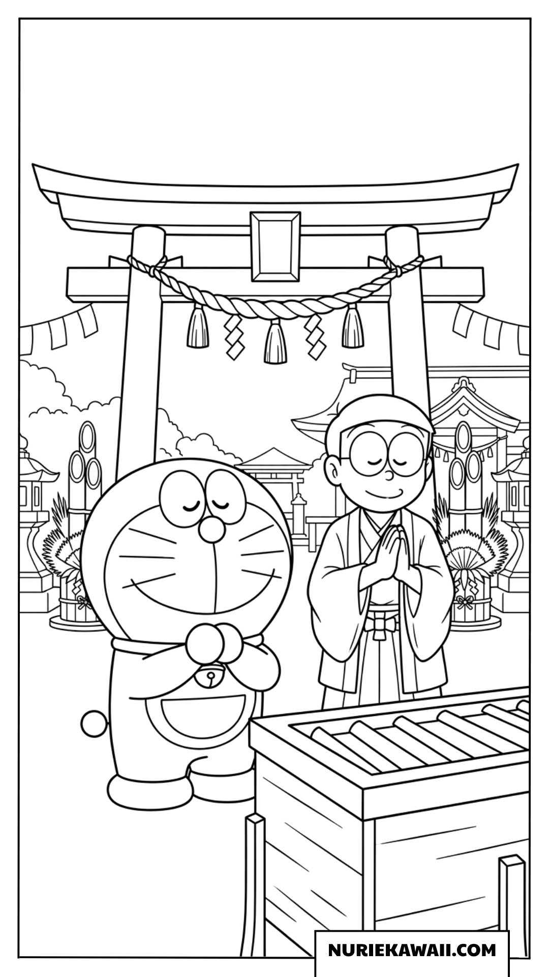 ドラえもんとのび太の初詣でお祈り塗り絵