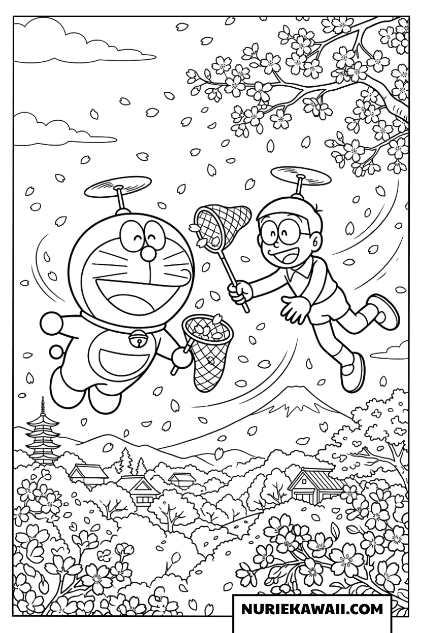 ドラえもんとのび太の桜吹雪飛行ぬりえ