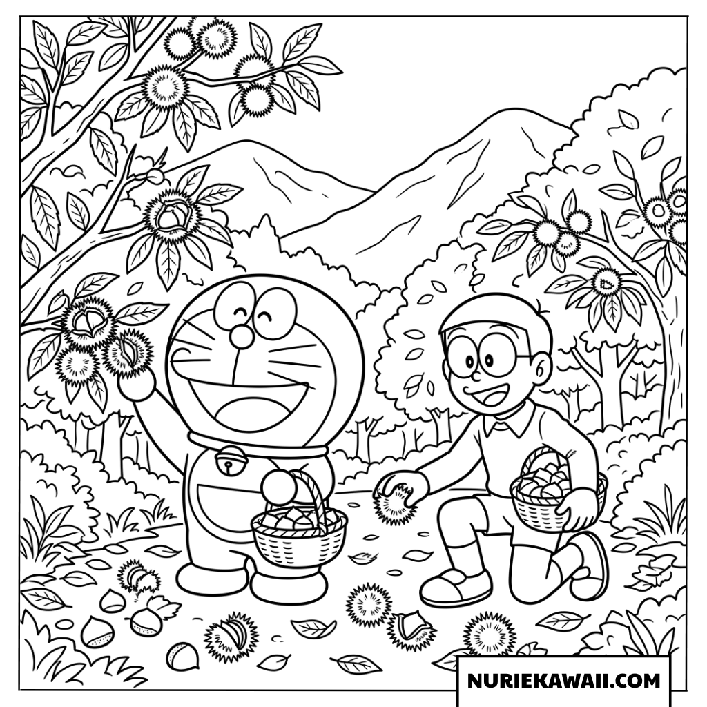 ドラえもんとのび太の楽しい栗拾い塗り絵