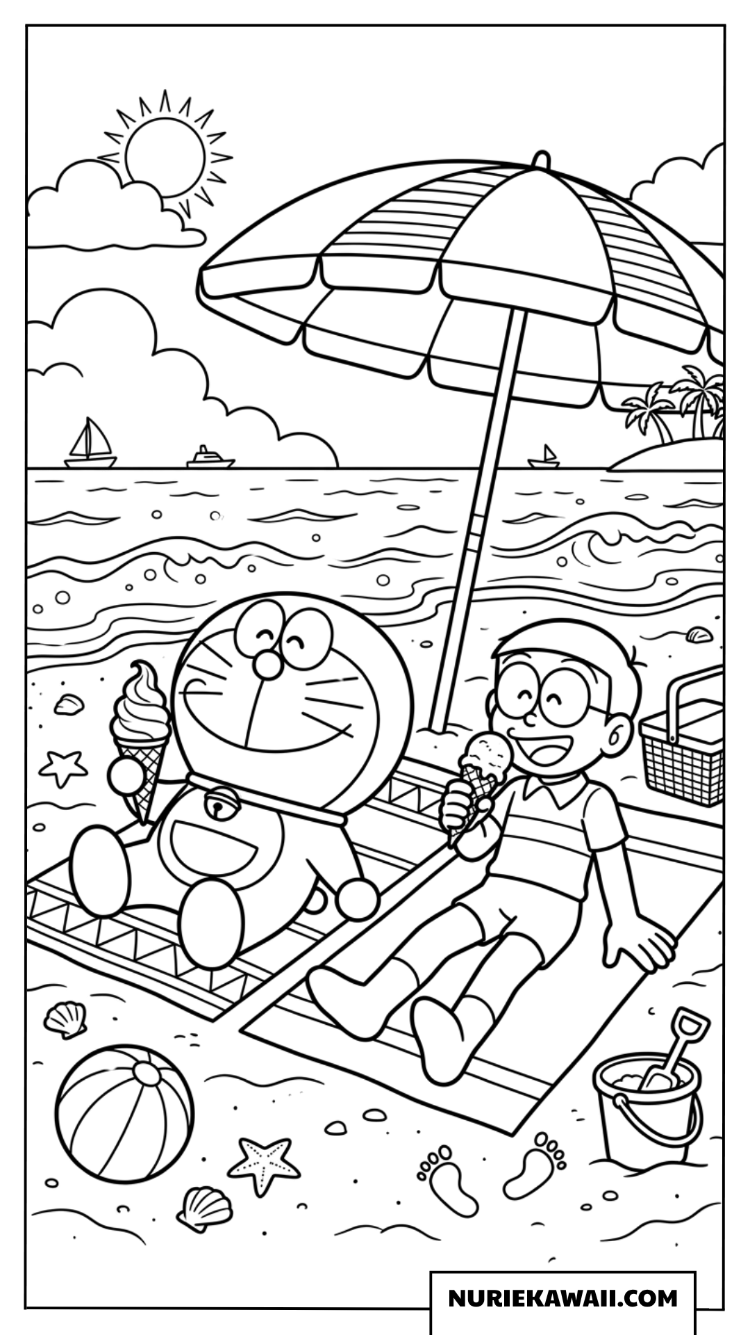 ドラえもんとのび太の海水浴アイスクリーム塗り絵