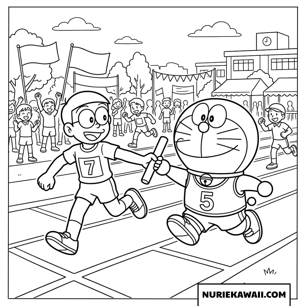ドラえもんとのび太の秋の運動会リレー塗り絵