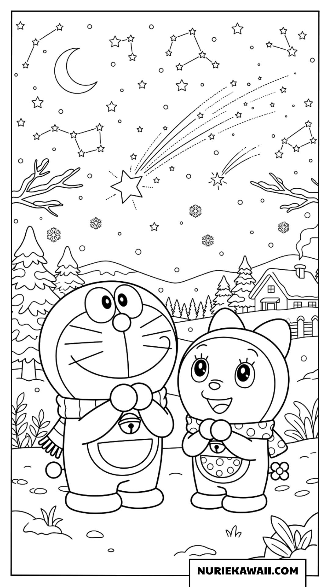 ドラえもんとドラミちゃんの冬の流星群観察塗り絵