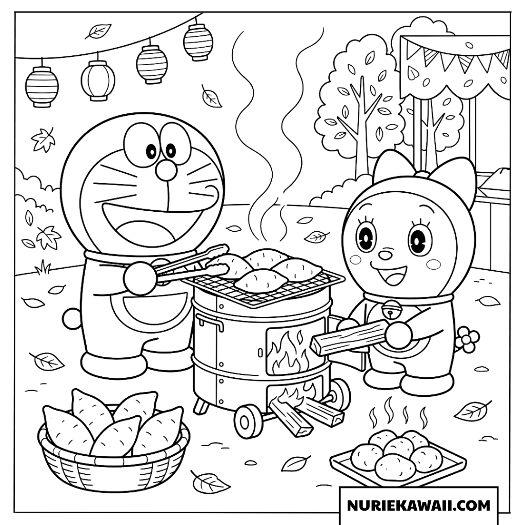 ドラえもんとドラミちゃんの秋の焼き芋パーティー塗り絵