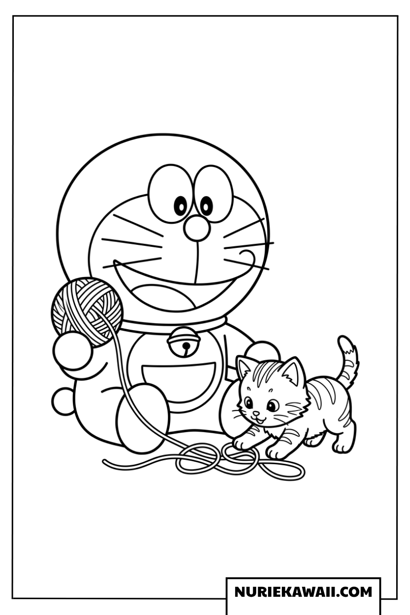 ドラえもんと子猫と毛糸玉の塗り絵