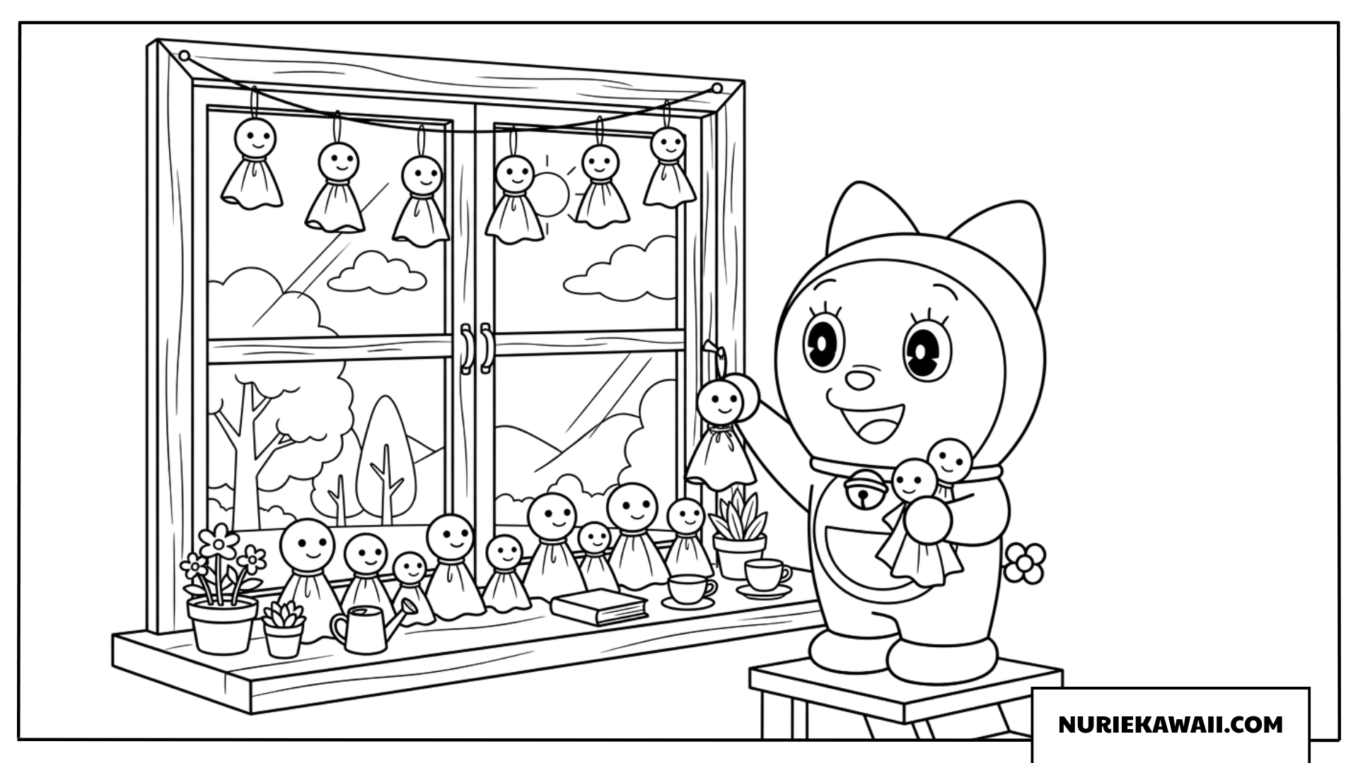 ドラミちゃんとてるてる坊主の窓辺塗り絵