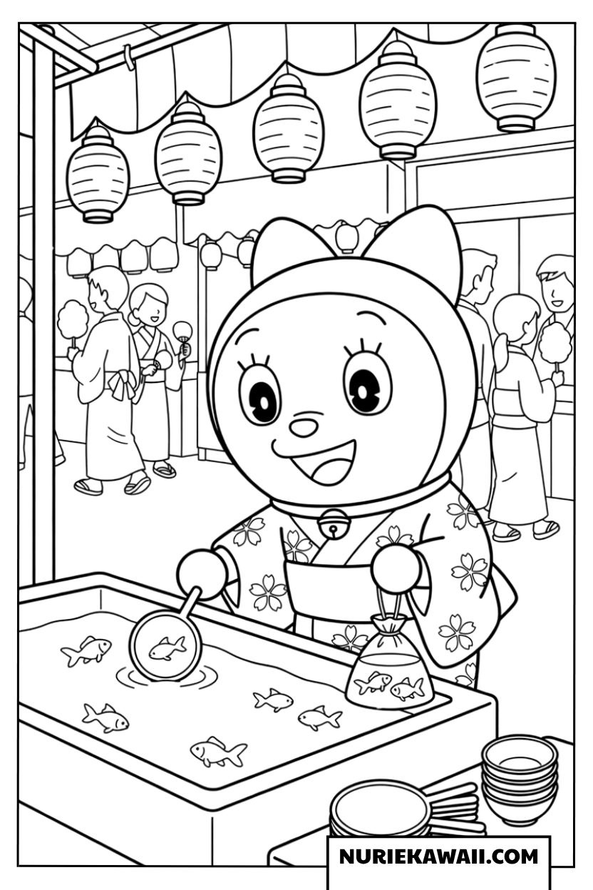 ドラミちゃんの春祭り金魚すくいぬりえ