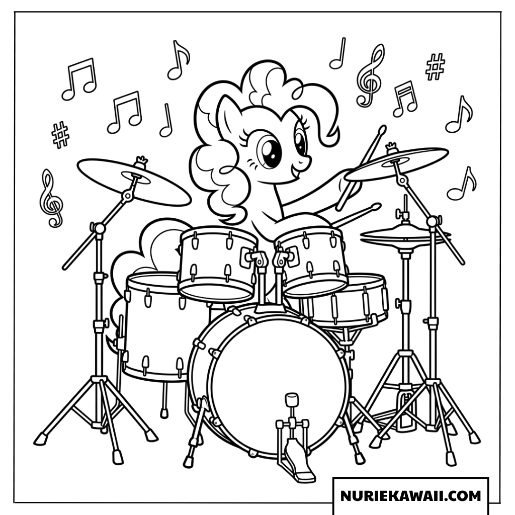 ドラムセットを元気いっぱいに演奏するピンキーパイの塗り絵