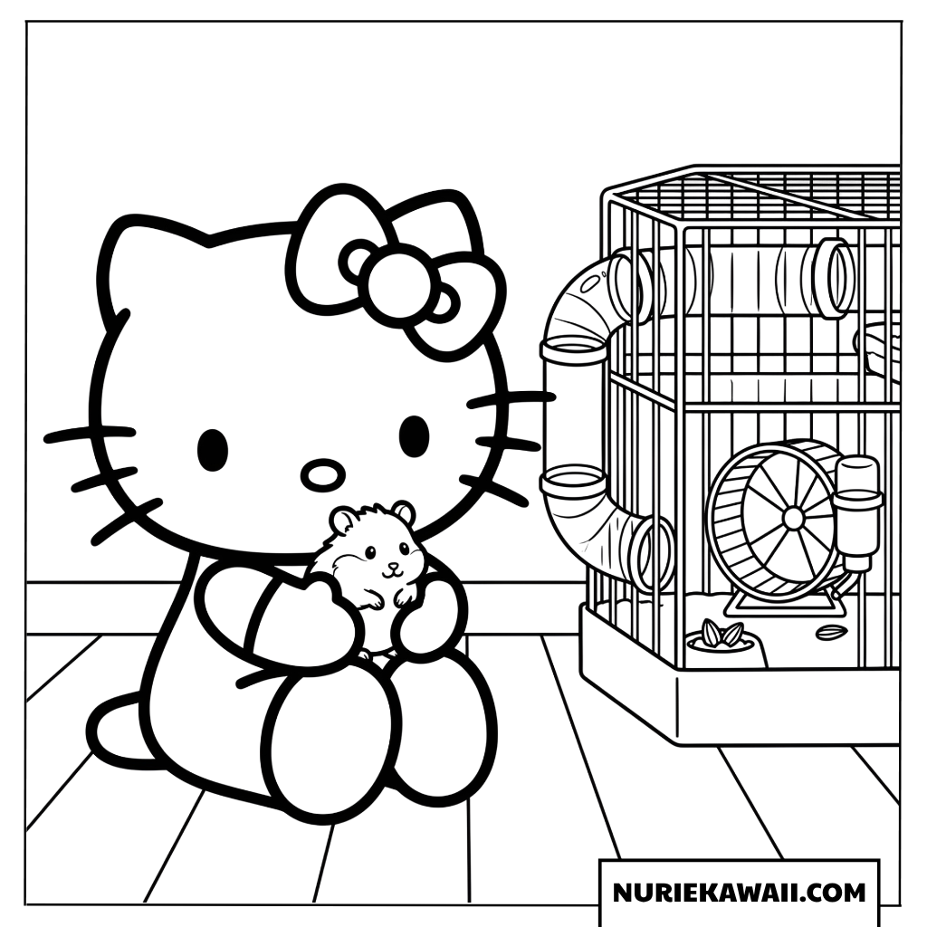 ハムスターを優しく抱っこするハローキティの塗り絵