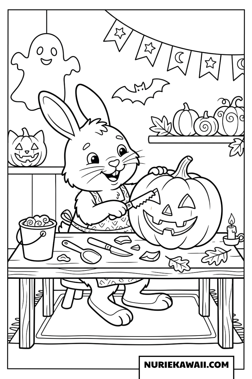ハロウィンのジャックオーランタンを作るうさぎの塗り絵