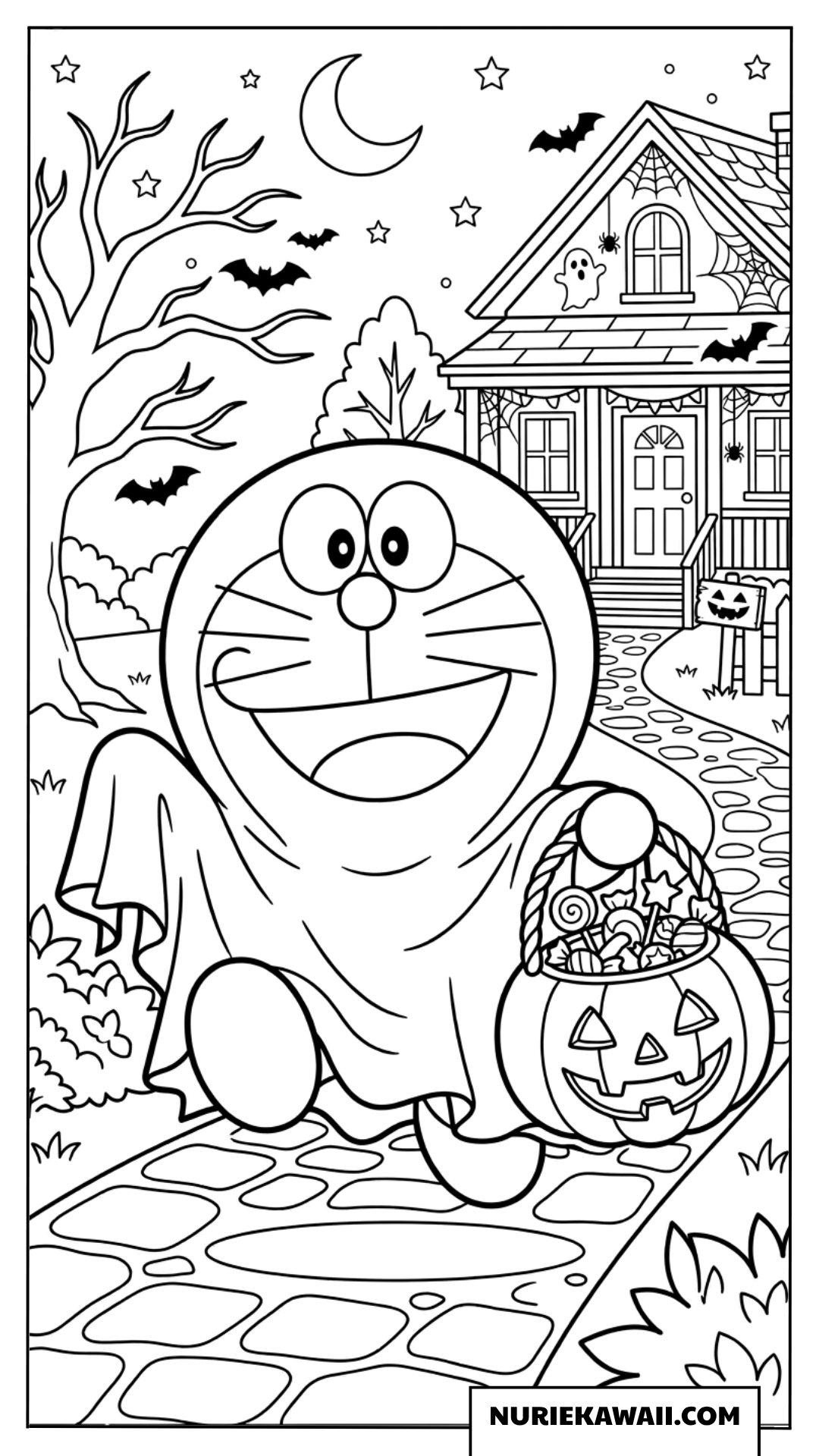 ハロウィンの夜に幽霊の仮装をするドラえもんの塗り絵