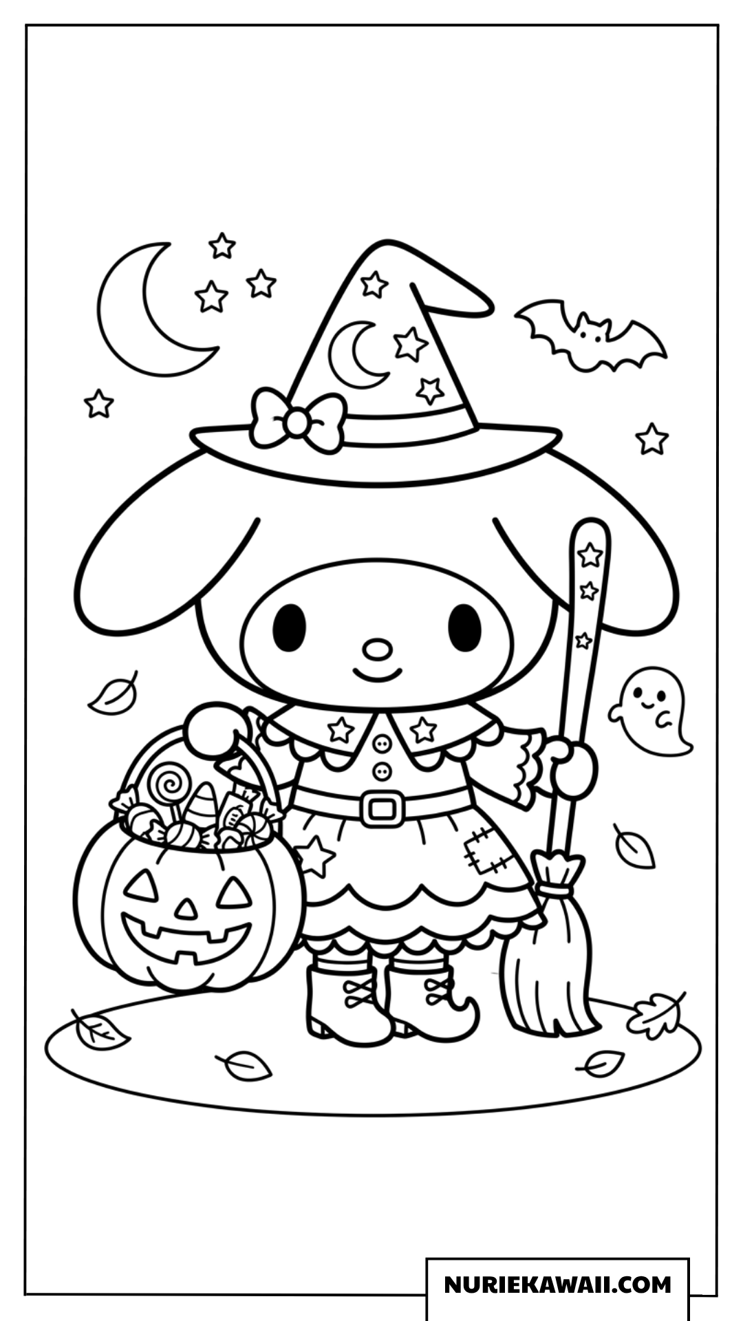 ハロウィンの夜に魔法使いに変身したマイメロディの塗り絵