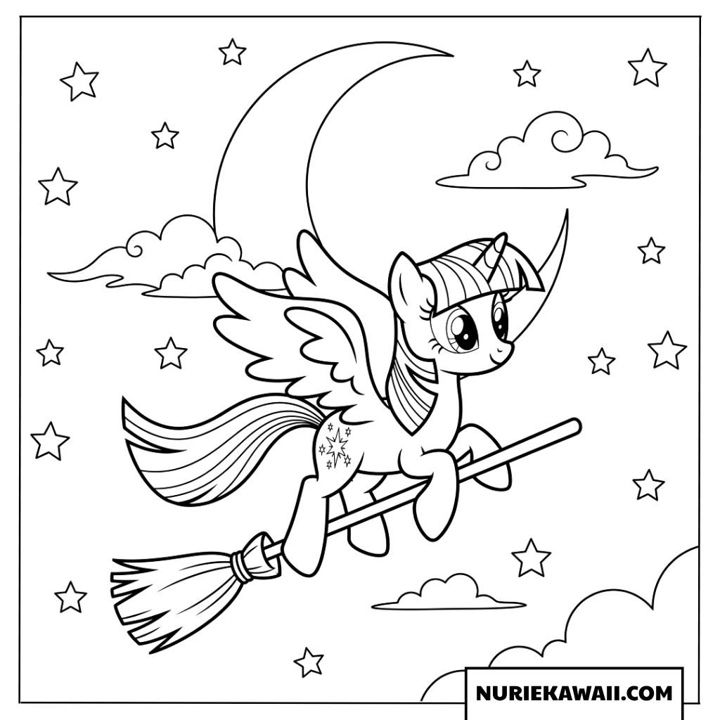 ハロウィンの夜空を魔法のほうきで飛んでいるトワイライトスパークルの塗り絵