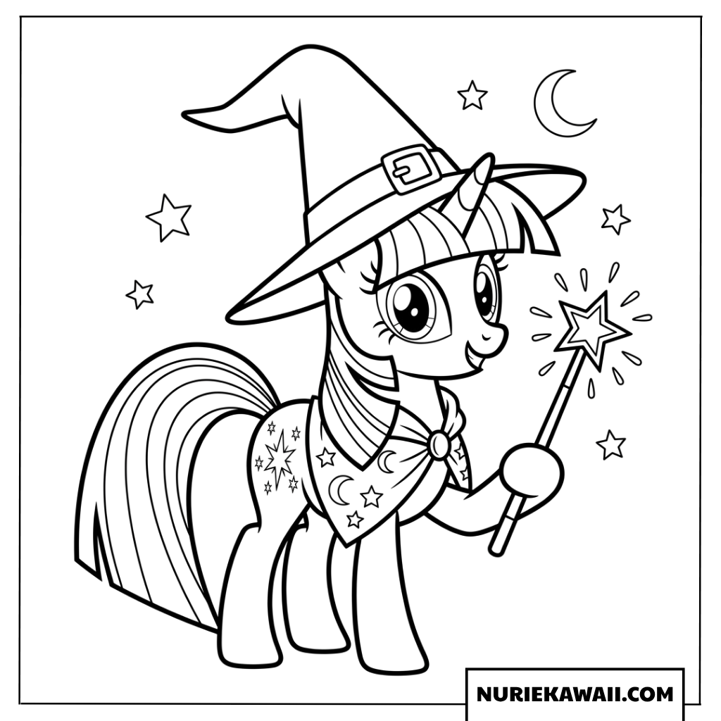 ハロウィンの魔女の帽子をかぶった可愛いトワイライトスパークルの塗り絵