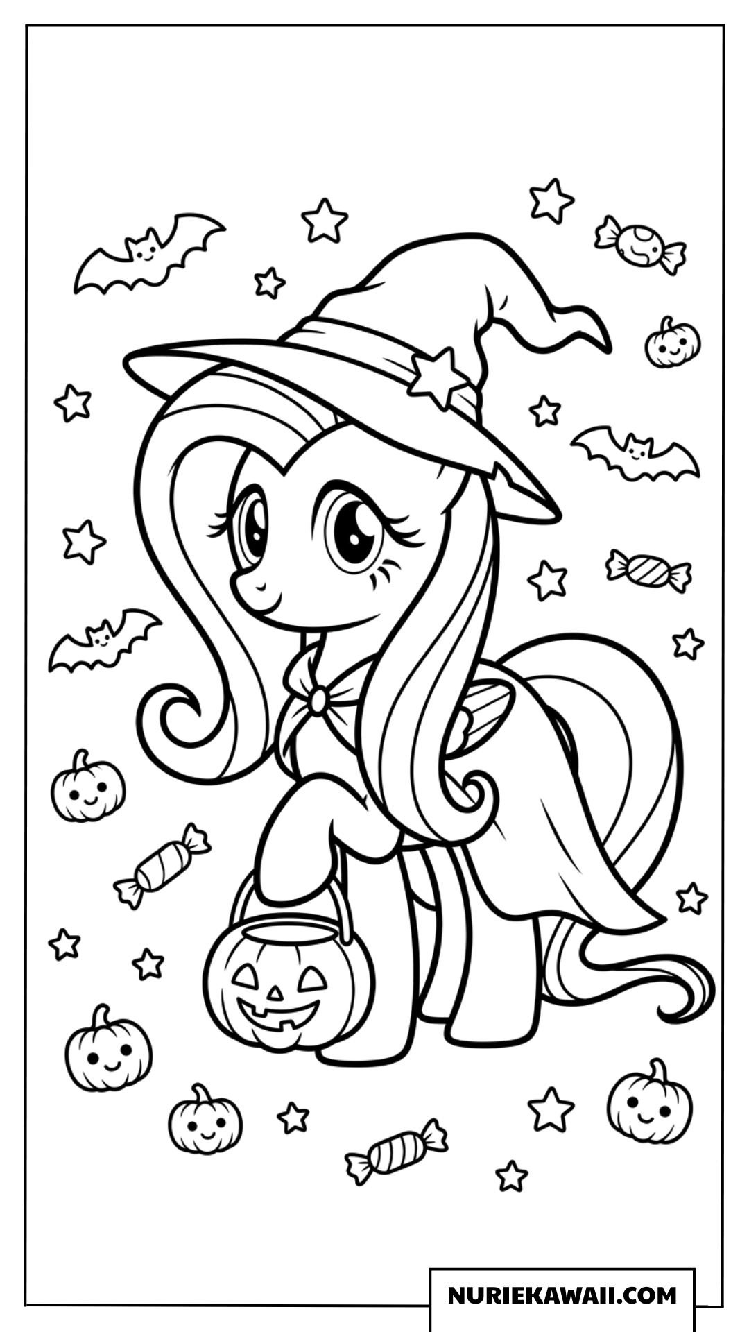 ハロウィンの魔女の帽子をかぶった可愛いフラッターシャイの塗り絵