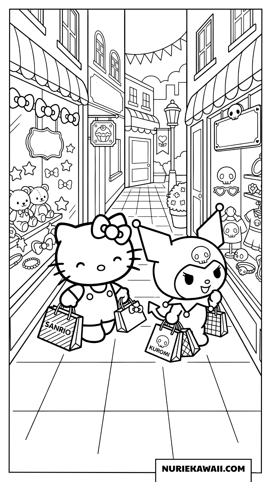 ハローキティとクロミのショッピング街の塗り絵