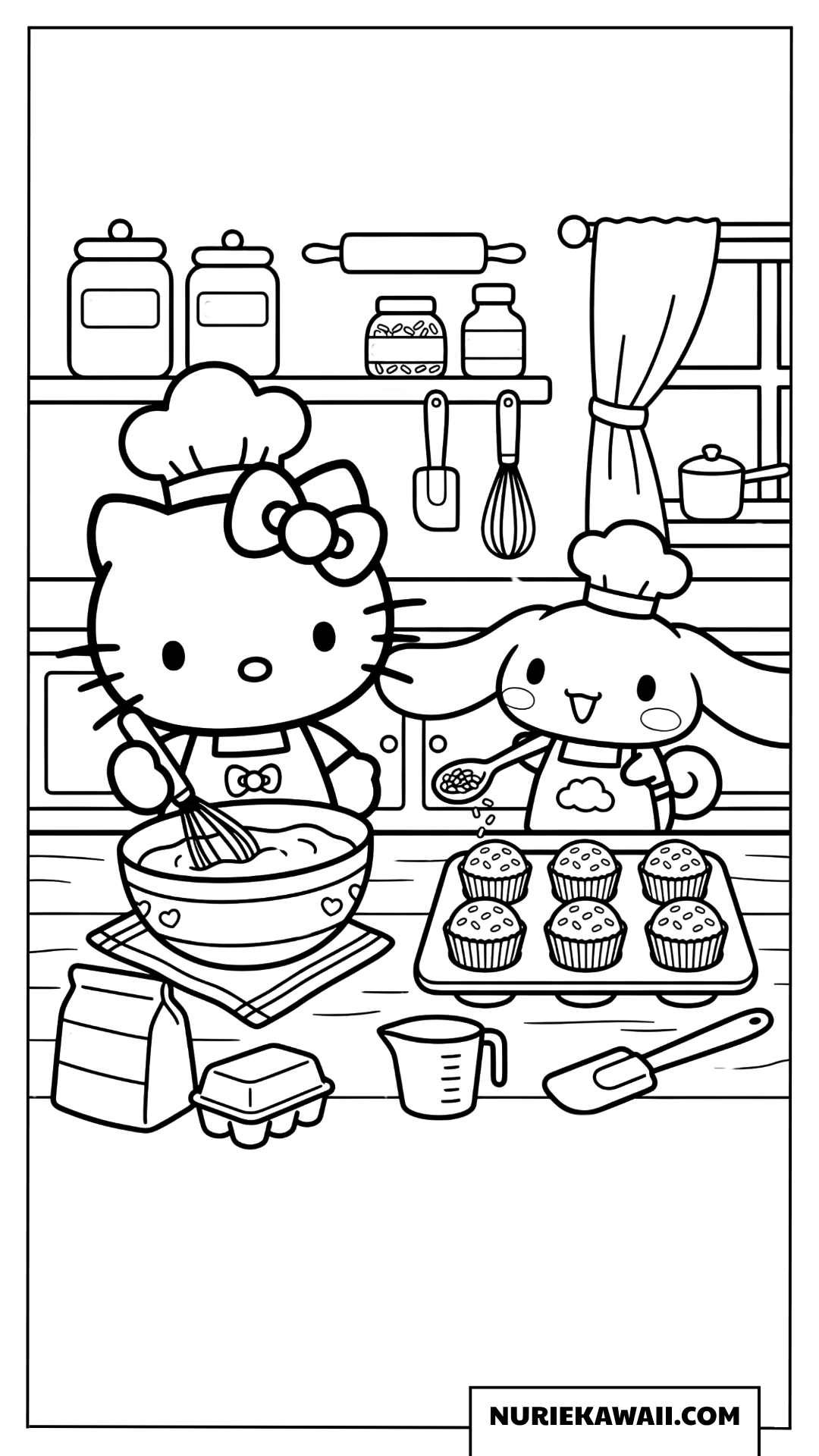 ハローキティとシナモロールのカップケーキ作りの塗り絵