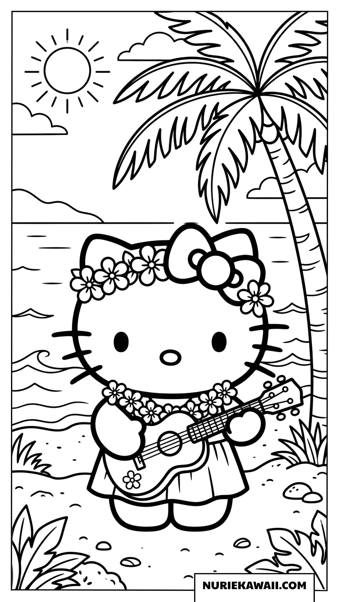 ハワイのビーチでウクレレを弾くハローキティの塗り絵