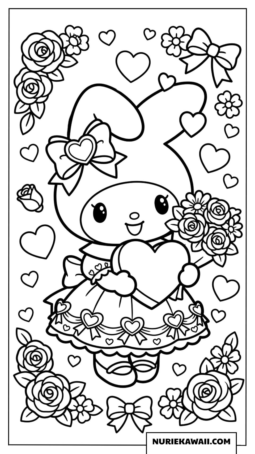 ハートのギフトボックスとバラの花束を持つマイメロディの塗り絵