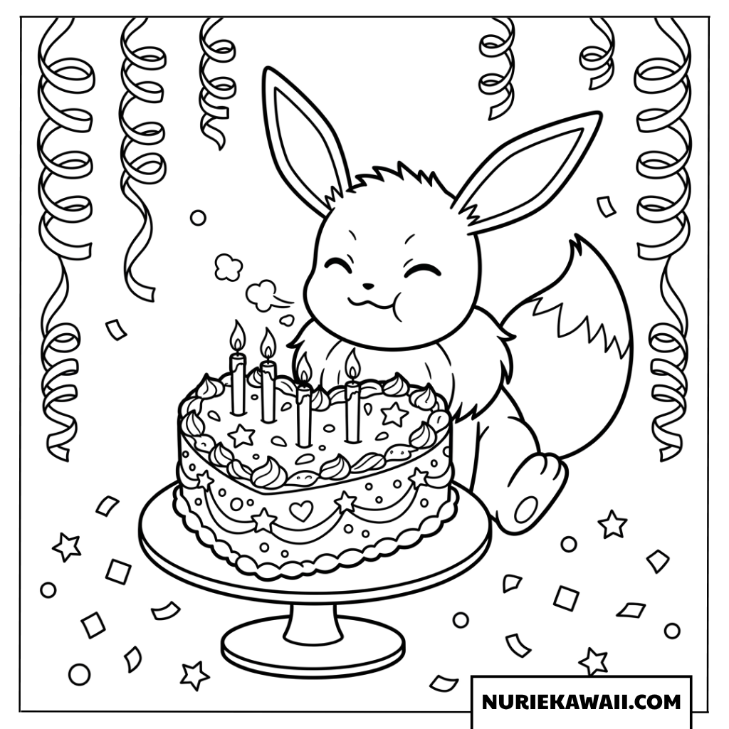 ハート型のケーキに灯ったろうそくを吹き消すイーブイの塗り絵