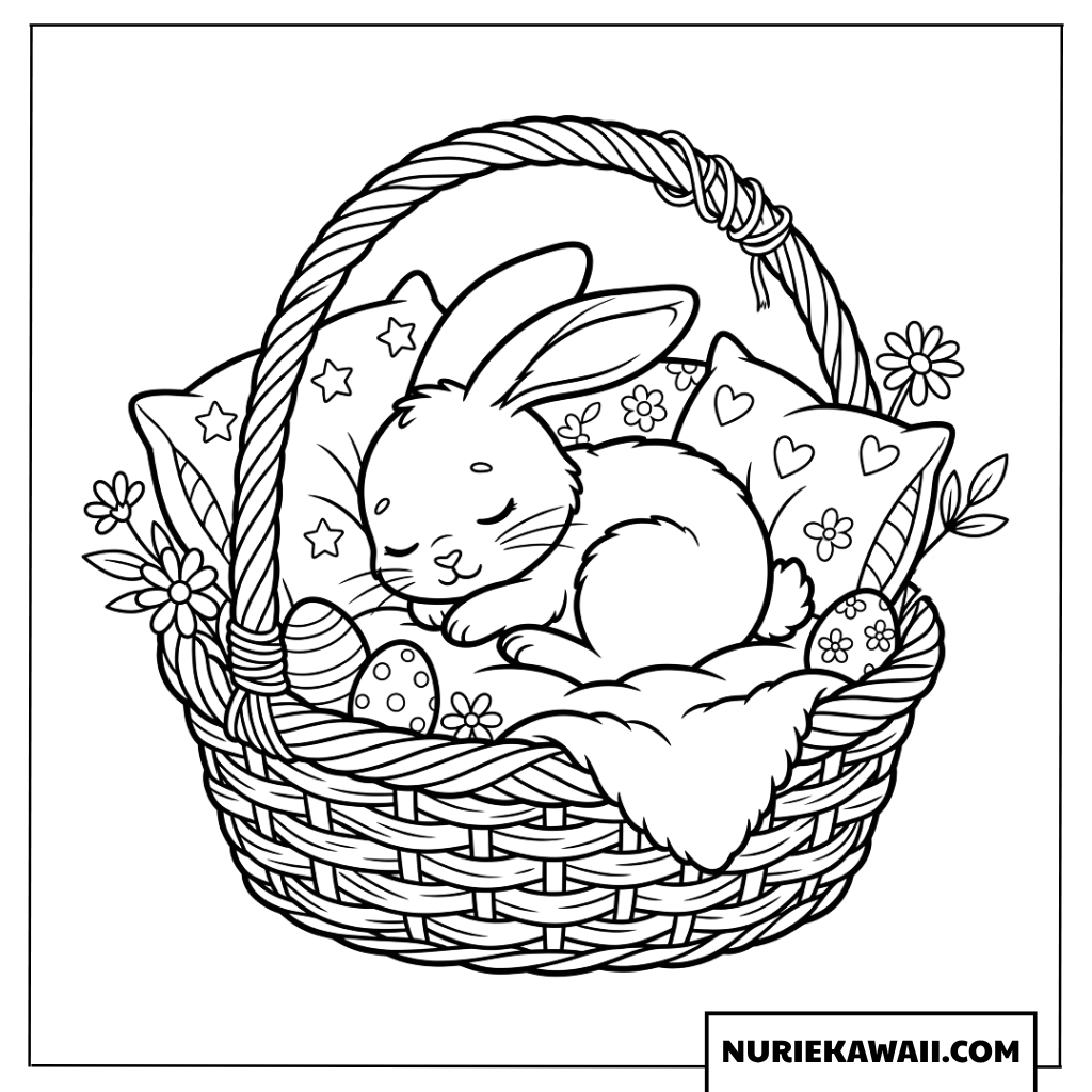 バスケットの中で気持ちよさそうに眠るイースターバニーの塗り絵
