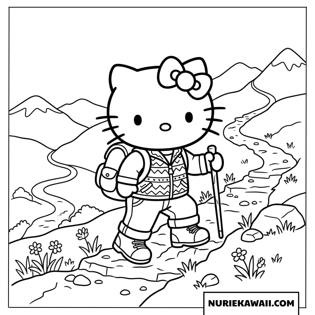 バックパックとトレッキングポールを持って山登りをするハローキティの塗り絵