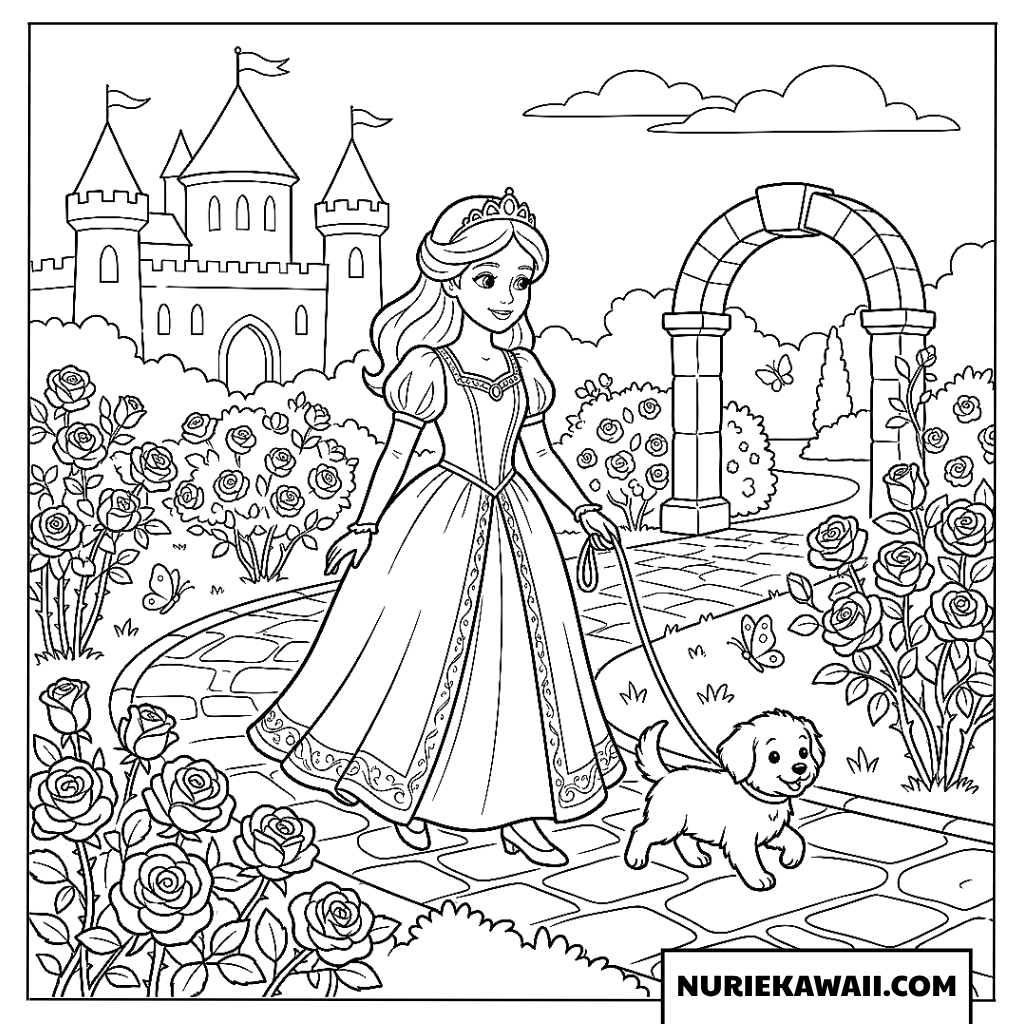 バラの庭園で子犬とお散歩するプリンセスの塗り絵