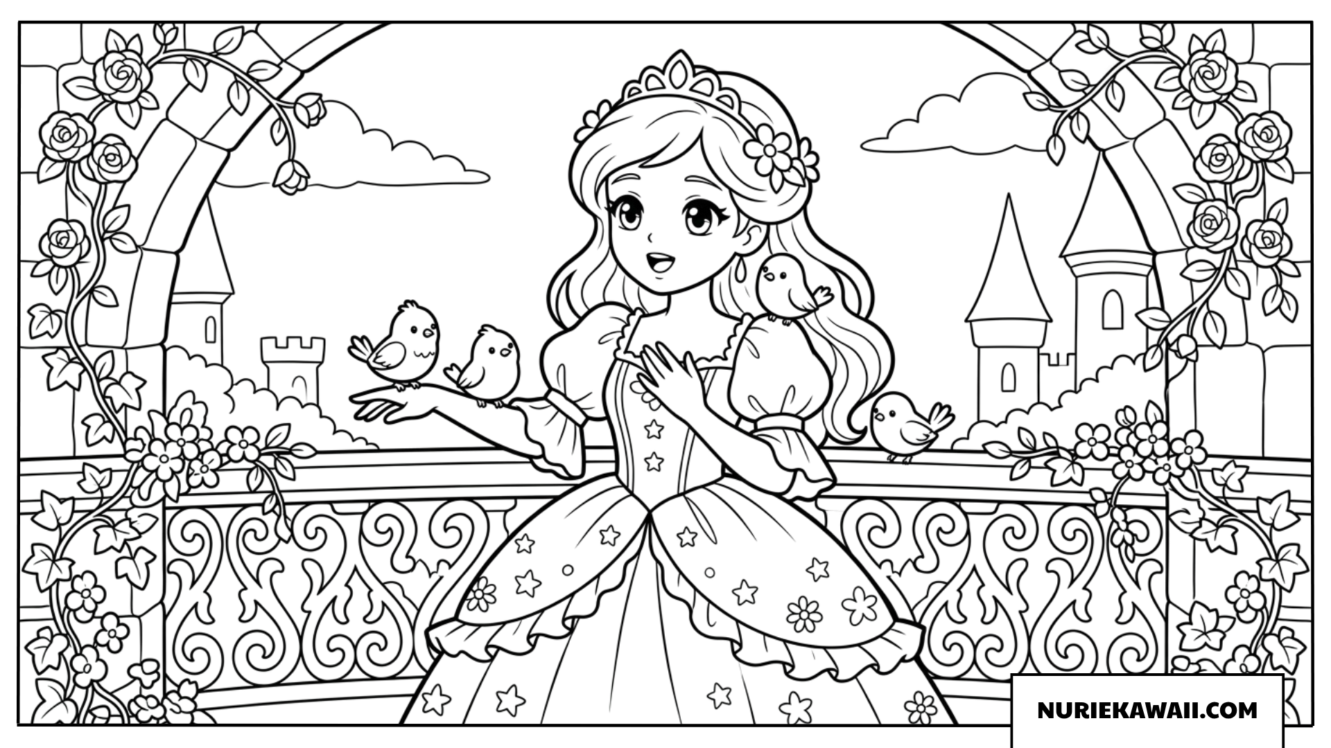 バルコニーで可愛い小鳥たちと楽しく触れ合うプリンセスの塗り絵