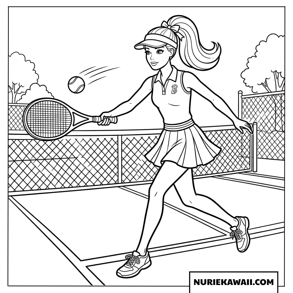 バービーのテニス選手コートで白熱のラリー 塗り絵