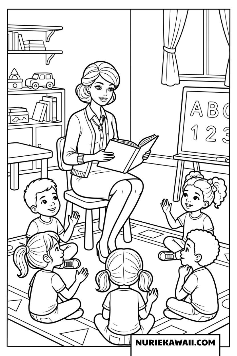 バービーの先生幼稚園で楽しい絵本の読み聞かせ 塗り絵