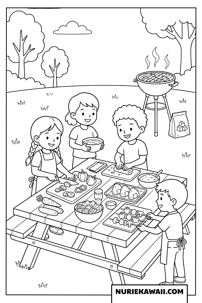 バーベキューのためにみんなで協力して料理の準備をする子供の塗り絵