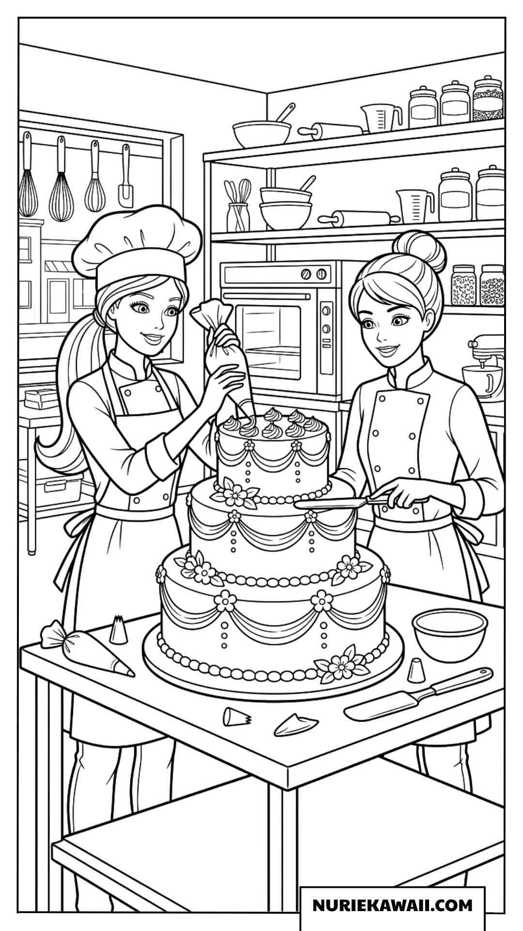パティシエとして大きなケーキを作るバービーと友達の塗り絵