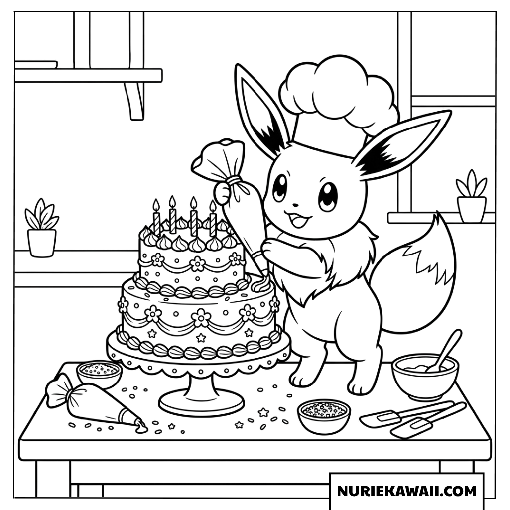 パティシエの帽子を被りケーキをデコレーションするイーブイの塗り絵