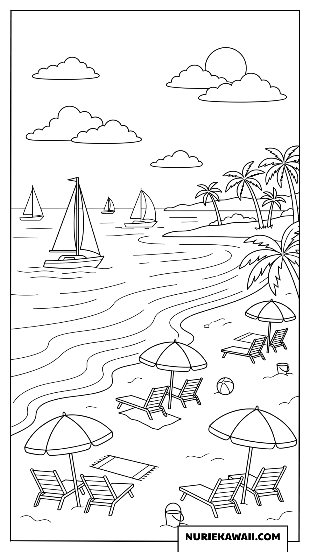 パラソルとヨットが浮かぶ賑やかな夏のビーチ塗り絵