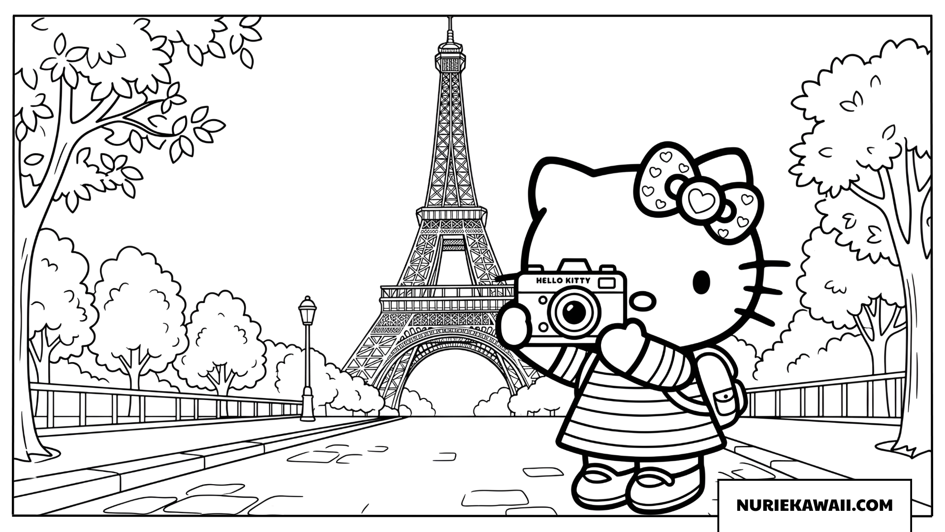 パリのエッフェル塔で写真を撮るハローキティの塗り絵